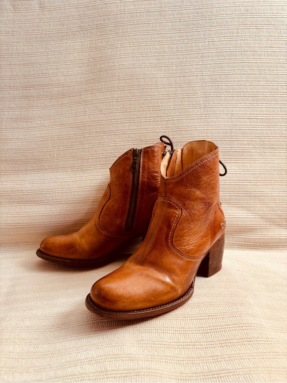 BED|STU XENA Cognac Leather Ankle Booties with Block Heel